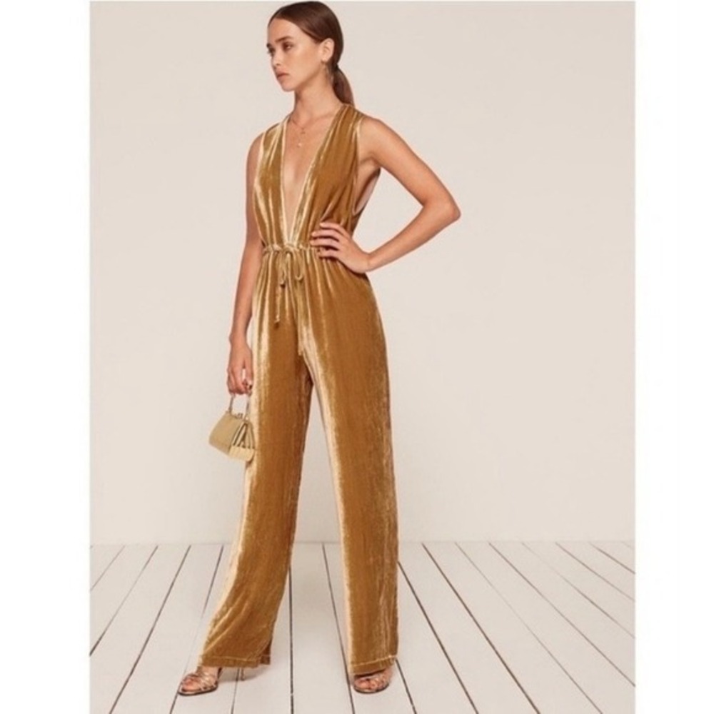 Reformation Gold Holland Velvet Deep V Neck Wide Leg Jumpsuit Sleeveless Size S - Picture 2 of 11